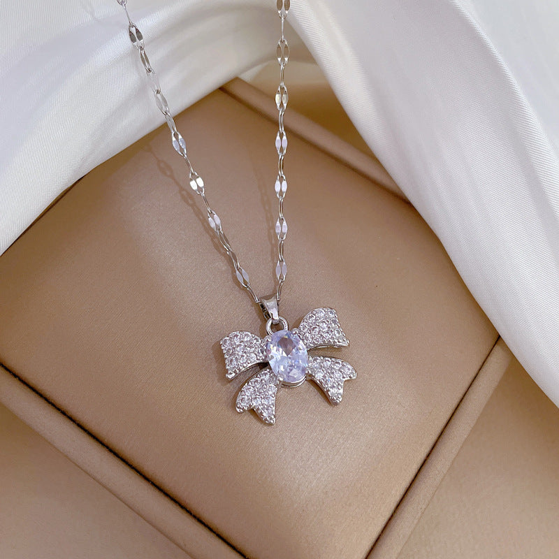 Luxury Micro-Paved Butterfly Pendant Necklace in Titanium Steel with Rhinestone Inlay for Women, Adjustable Chain 21-50 cm