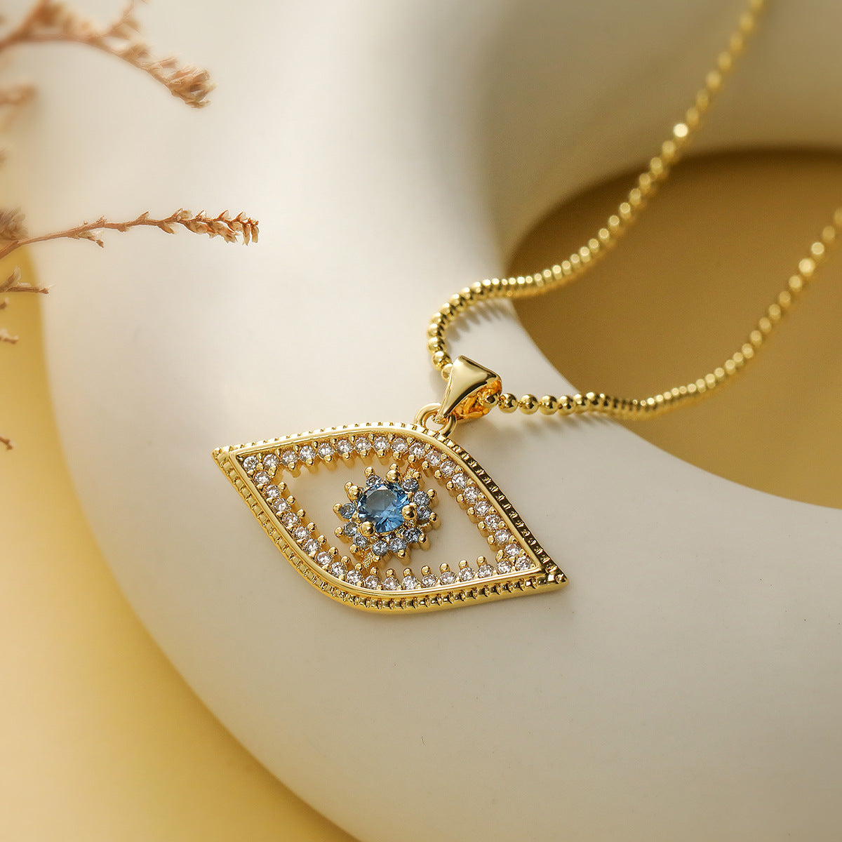 Minimalist Geometric Evil Eye Pendant Necklace for Women with Copper Base and 18K Gold Plating, Zircon Inlay, Irregular Design