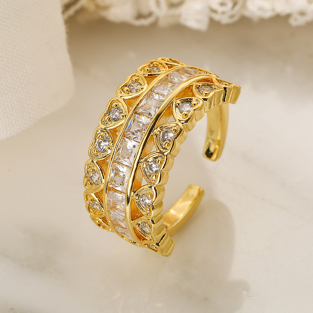 Geometric Heart-Shaped Copper Ring with Micro-Pavé Zirconia for Women, Fashion-Forward Minimalist Band