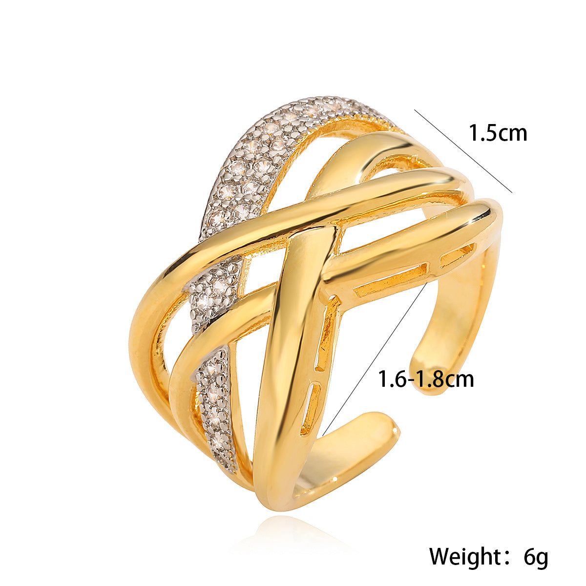 Anello aperto irregolare geometrico vintage da donna in rame placcato oro 18 carati con intarsio di zirconi