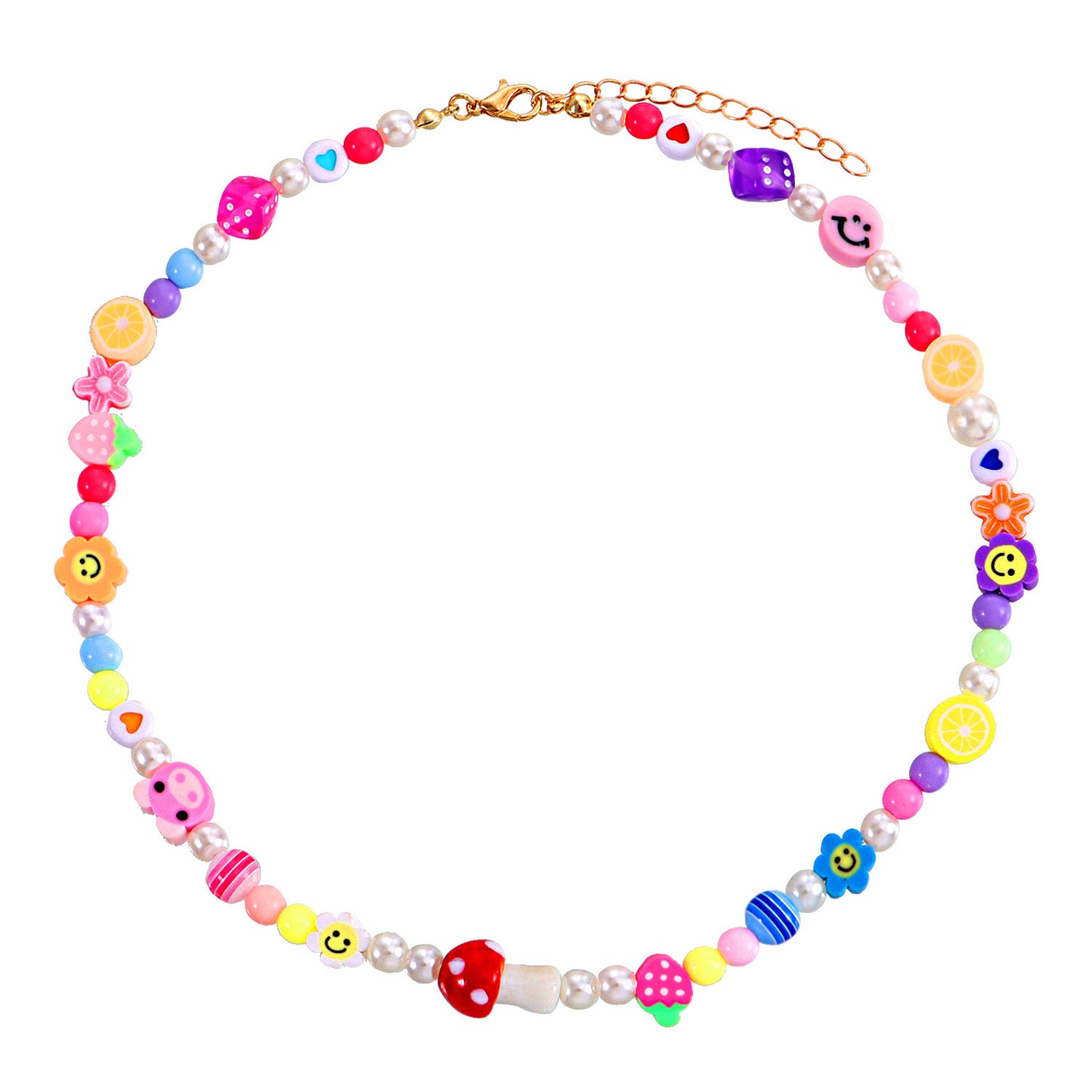 Fashion Pearl Necklace with Cartoon Fruit Shape Pendant, Soft Clay Smiley Design, Adjustable Cord Chain for Women