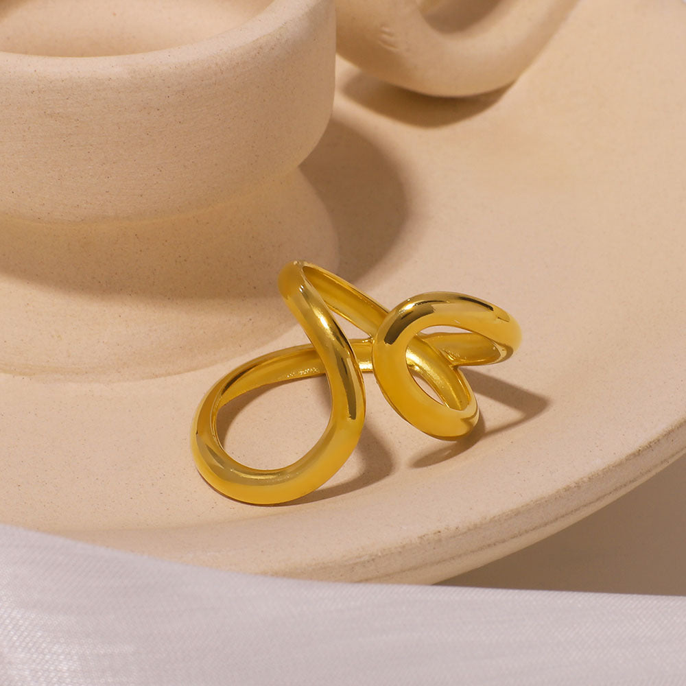 Minimalist Stainless Steel Ring with 18K Gold Plating, Asymmetrical Double Teardrop Shape, Geometric Design Hand Jewelry