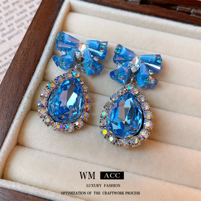 Pendientes de lujo con forma de lazo y gota de agua, con incrustaciones de pedrería y acabado chapado para mujer