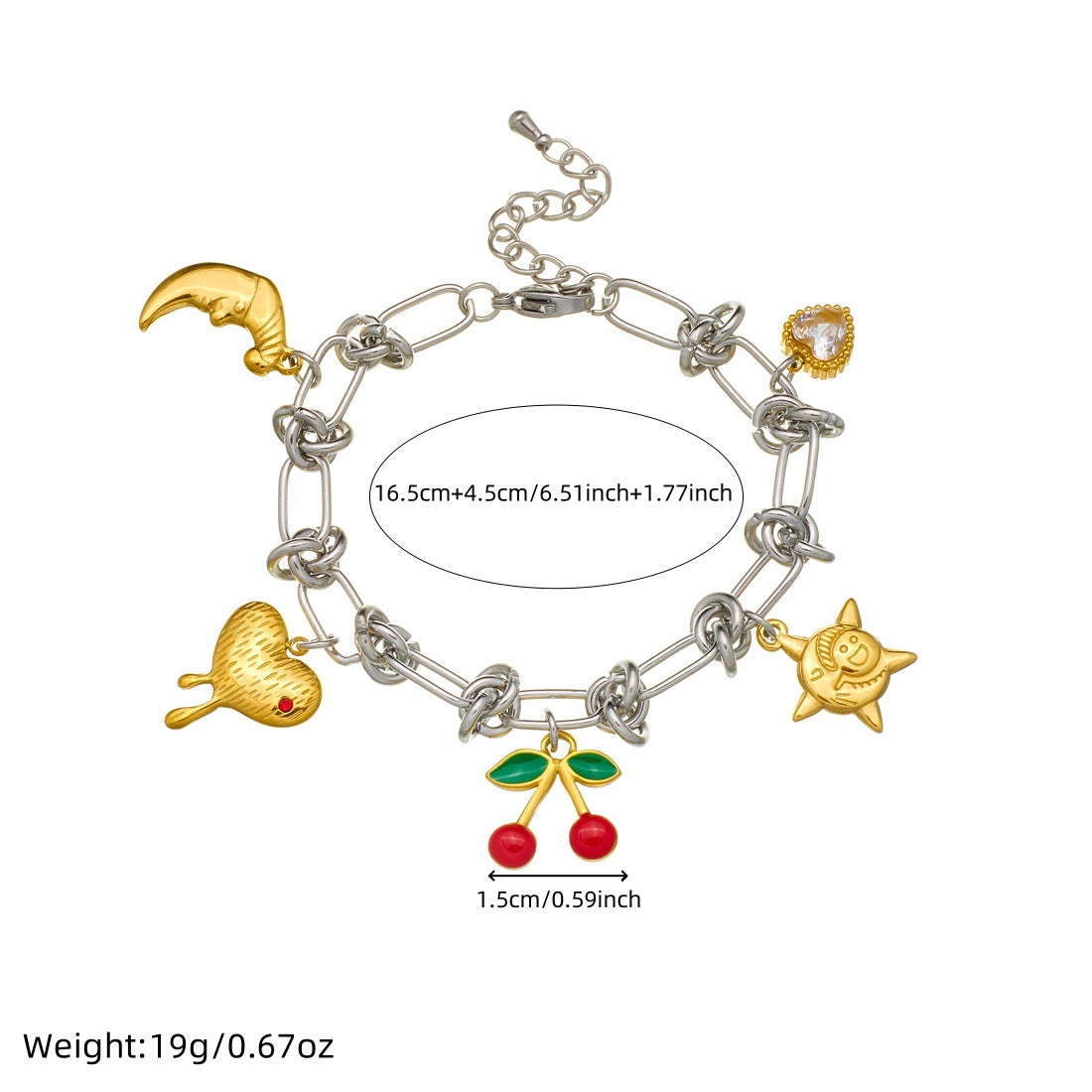 Sweet Gold Plated Drip Oil Square Star Heart Cherry Bear Stainless Steel Bracelet