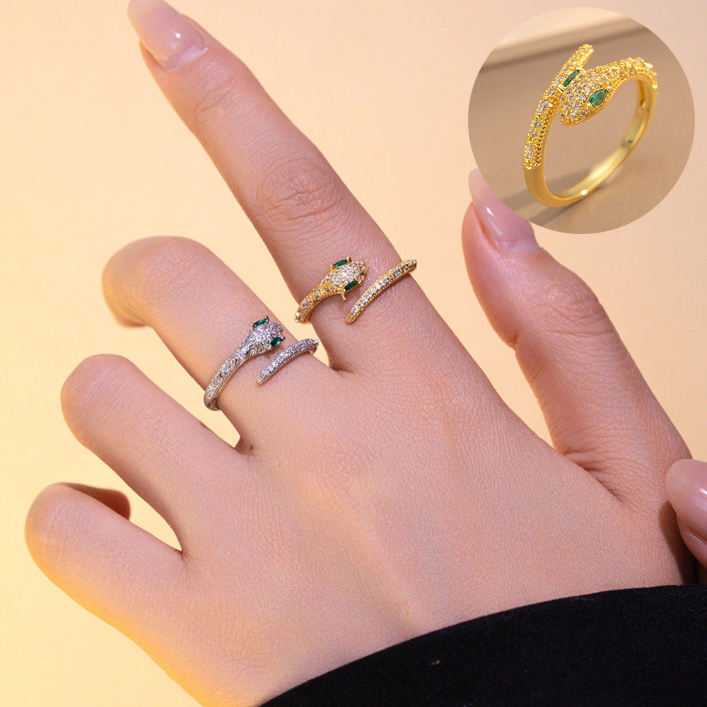 Luxury Minimalist Snake-Shaped Ring in Gold-Plated Copper with Zircon Inlay for Women