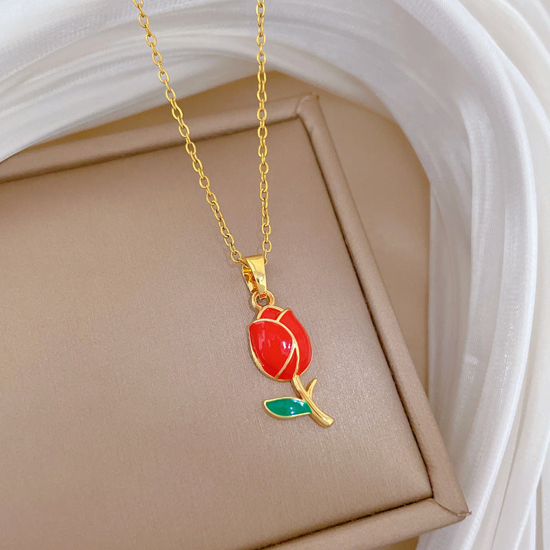 Minimalist Sweet Drip Oil Geometric Floral Rhinestone Pendant Necklace Titanium Steel Cable Chain for Unisex