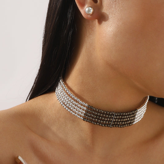 Set de collar de aleación minimalista y elegante con detalles de perlas simuladas para mujer, con cadena de perlas y diseño redondo