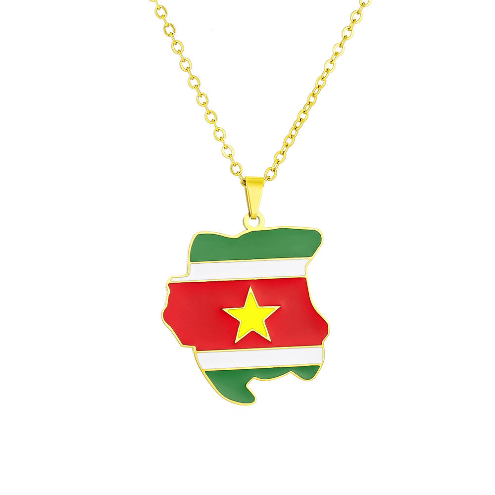 Collana con ciondolo a bandiera della Repubblica del Suriname geometrica vintage in acciaio inossidabile con charm in titanio e finitura galvanica, unisex