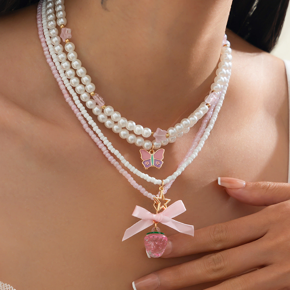 Pastel Floral Strawberry Pendant Necklace with Star and Wing Motifs in Alloy with Pearlized Finish for Women