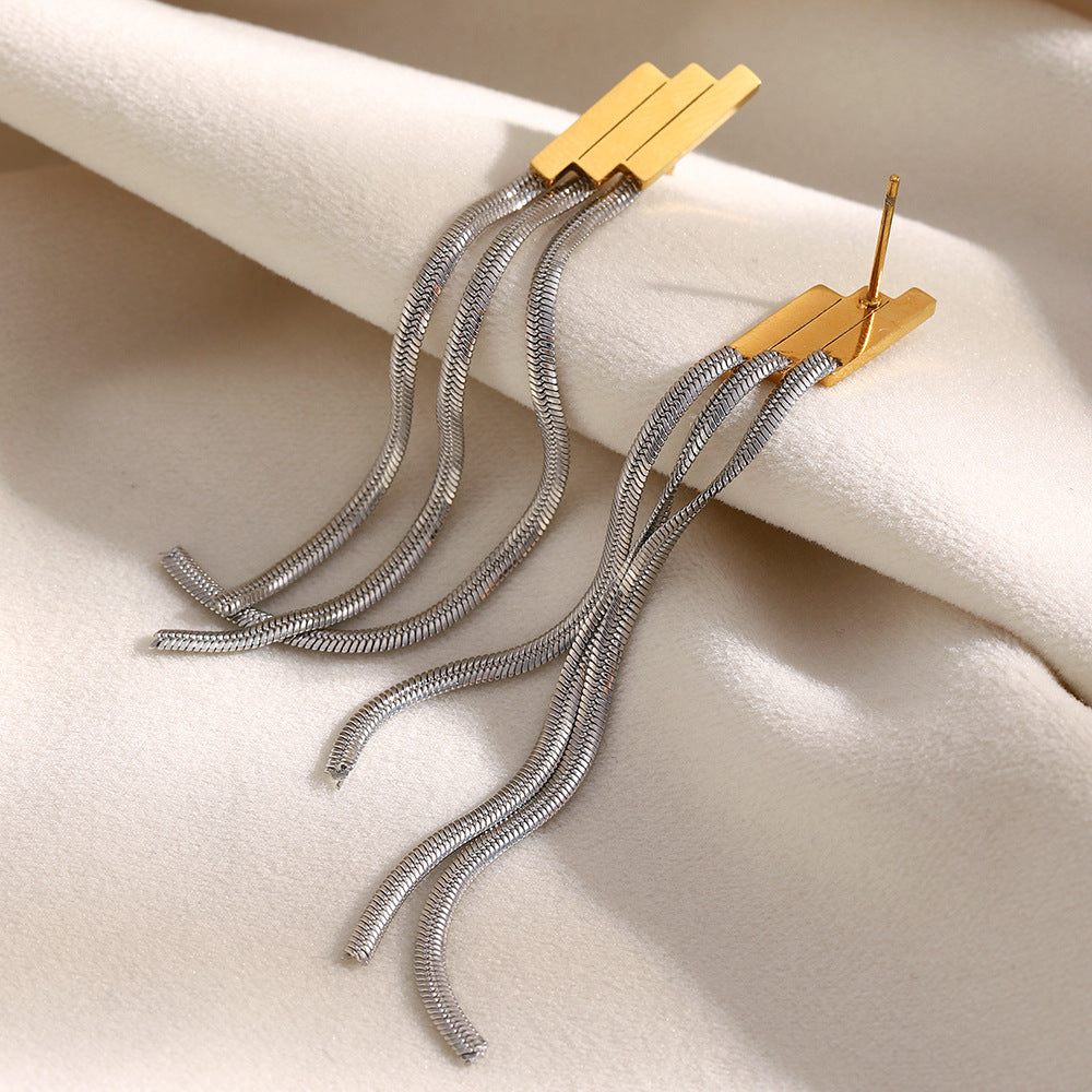 Elegant Minimalist Geometric Stainless Steel Earrings with 18K Gold Plating and Tiered Fringe Chain Design
