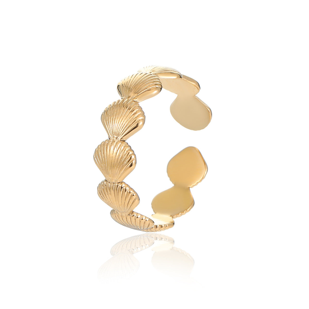 Anillo abierto para mujer de acero de titanio con baño de oro de 18 quilates, con forma de abanico y concha, estilo lujo minimalista