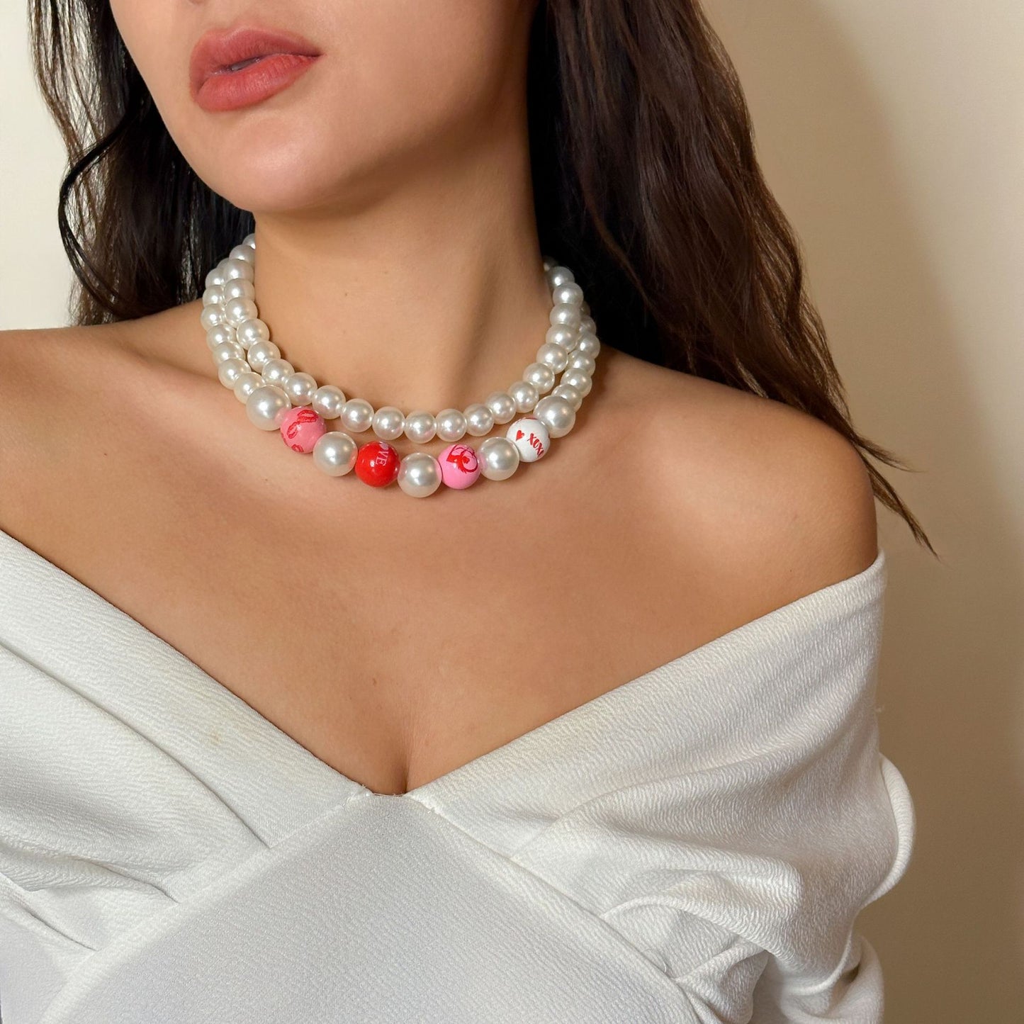 Minimalist Love Letter Pendant Necklace with Imitation Pearl Beads on Pearl Chain for Women
