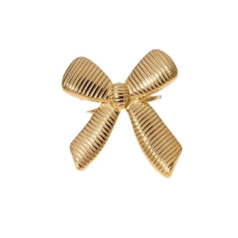 Elegant Vintage 18K Gold Plated Stainless Steel Bow Knot Stripe Open Ring for Women