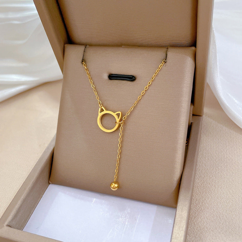 Minimalist Cat Pendant Titanium Steel Necklace with Tassel Detail for Women and Men, Geometric Shape, Gold-Plated Finish, Clavicle Chain