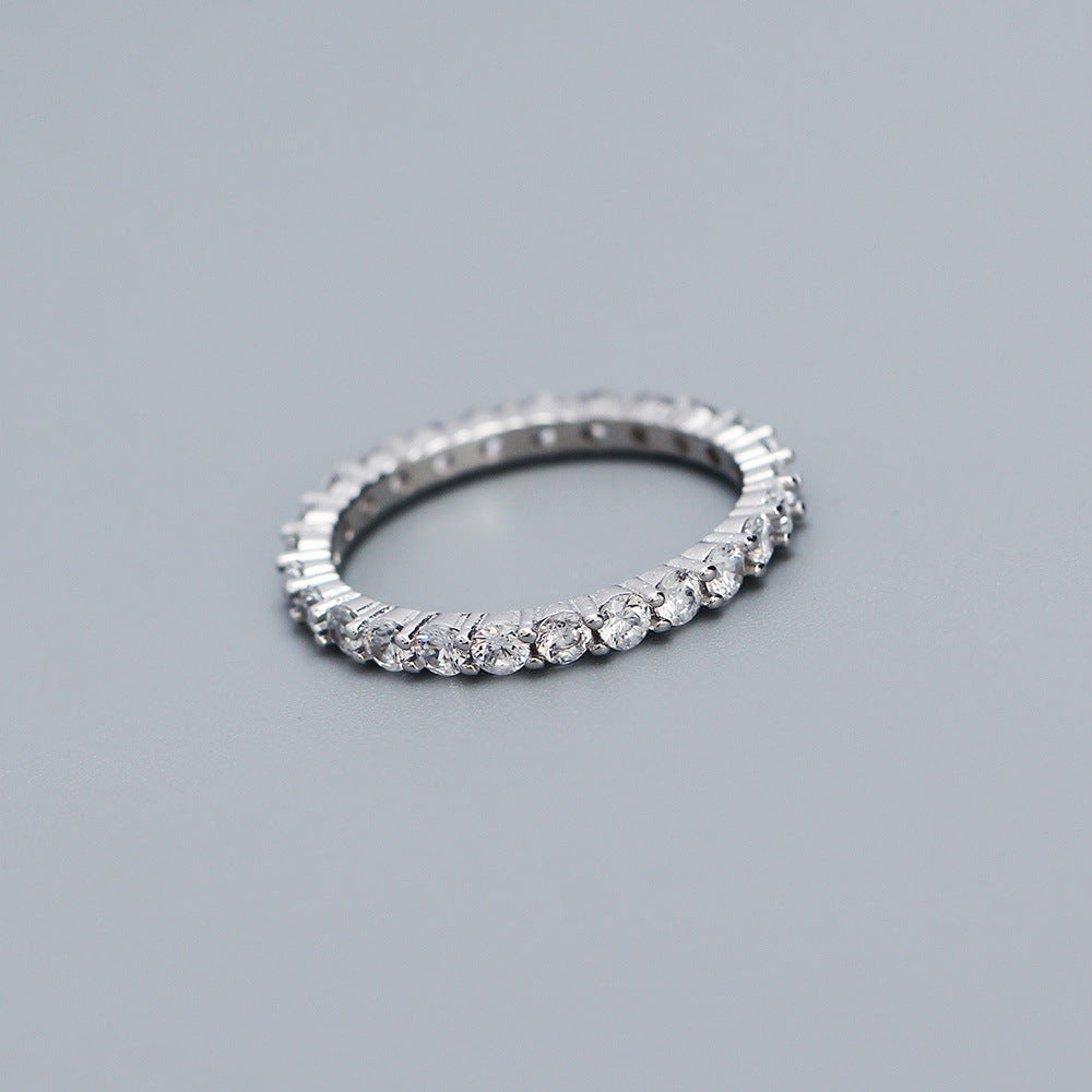 Minimalist Geometric Ring for Women in 925 Sterling Silver with Full Round Rhinestone Inlay