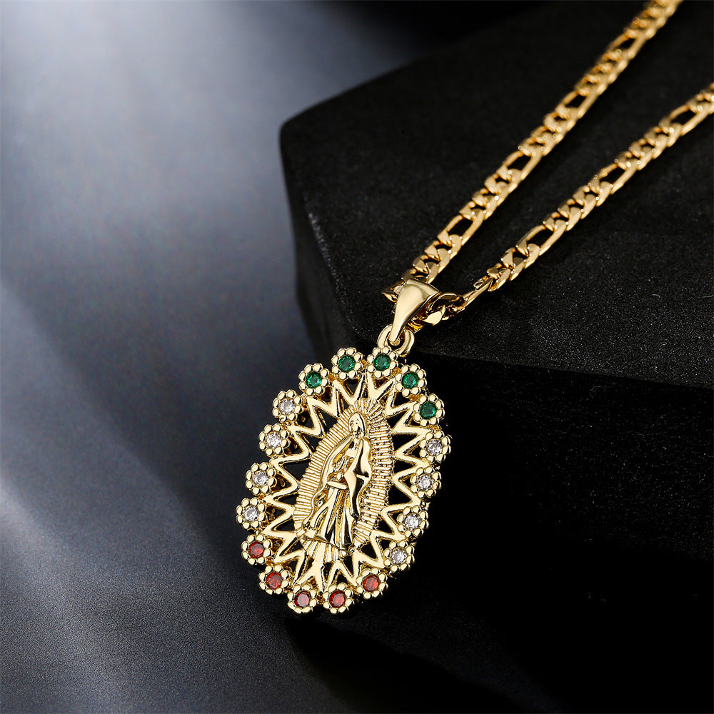 Gold Plated Geometric Virgin Mary Cubic Zirconia Inlay Pendant Necklace for Women