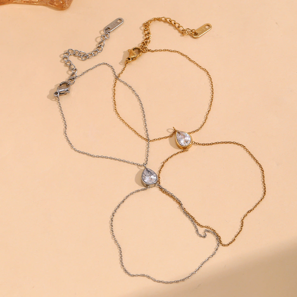 Bracciale da donna a doppio strato con strass a goccia bianchi, placcato oro 18 carati in acciaio inossidabile geometrico minimalista
