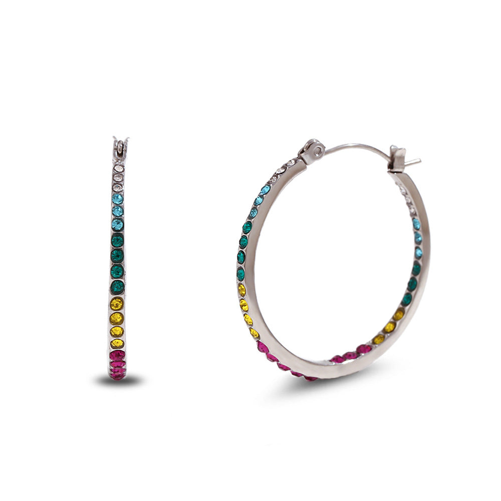 Minimalist Geometric Stainless Steel Earrings with 18K Gold Plating and White Rhinestone Inlay for Women