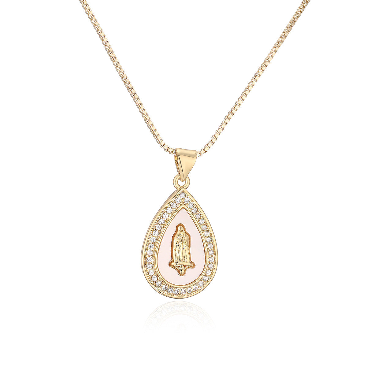 Vintage Minimalist 18K Gold Plated Brass Teardrop Virgin Mary Eye Pendant with Cubic Zirconia and White Mother of Pearl