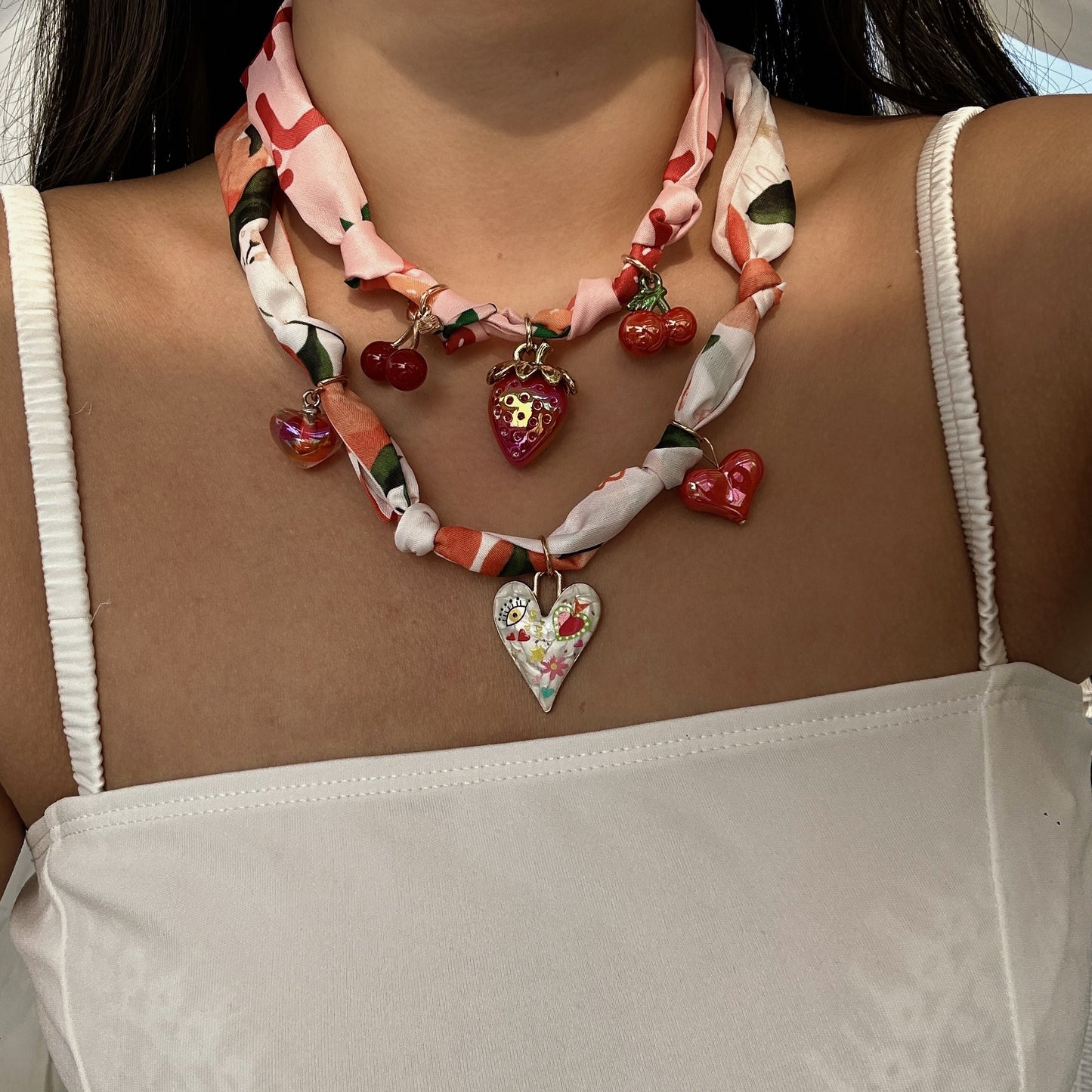 Sweet Colorful Braided Alloy Fruit Floral Pendant Ribbon Necklace for Women