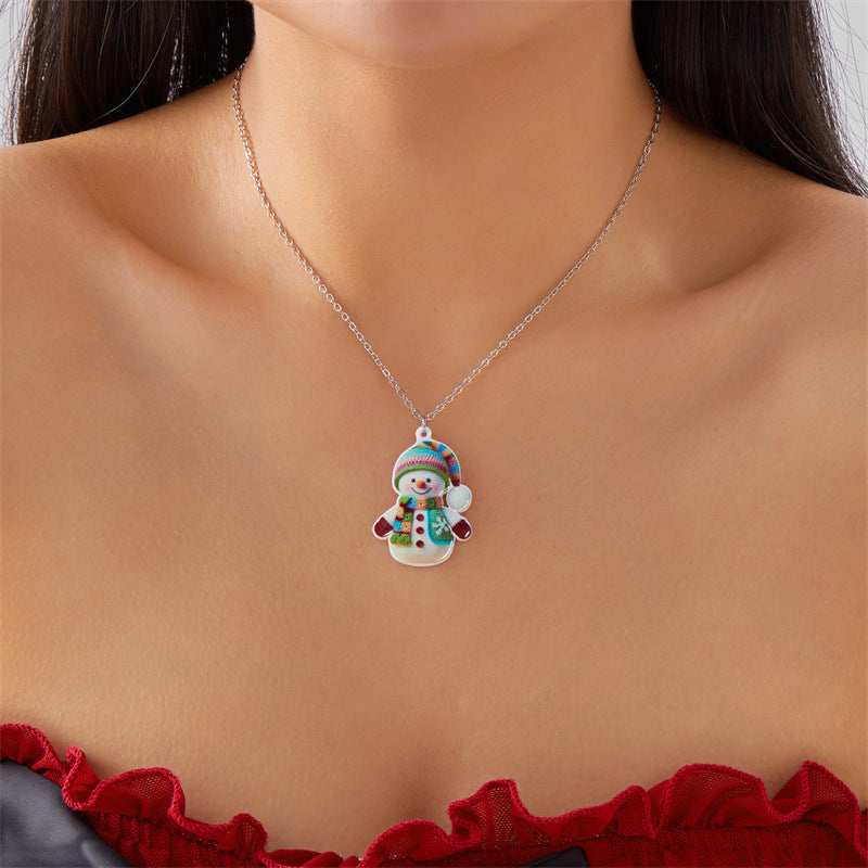 Elegante juego de collar y aretes de acrílico con colgante de muñeco de nieve para mujer con dije de aleación de zinc, cadena tipo O, acabado artesanal, joyería navideña temática