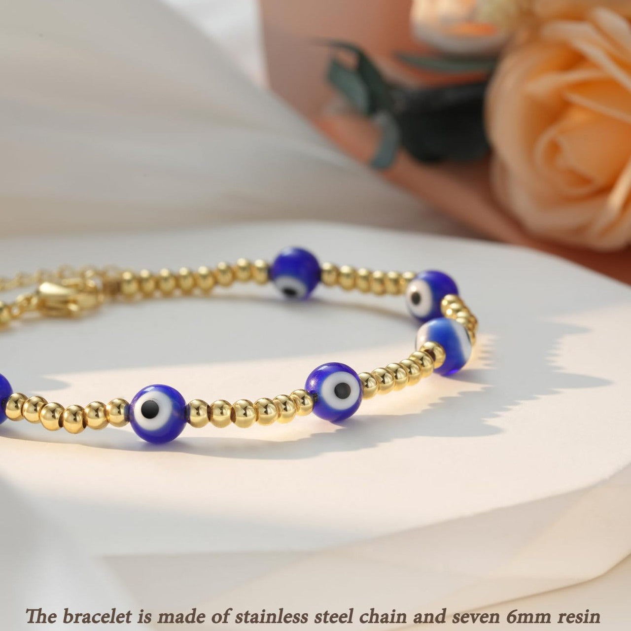 Minimalist Gold Plated Stainless Steel Evil Eye Bracelet Adjustable Lobster Clasp Geometric Charm