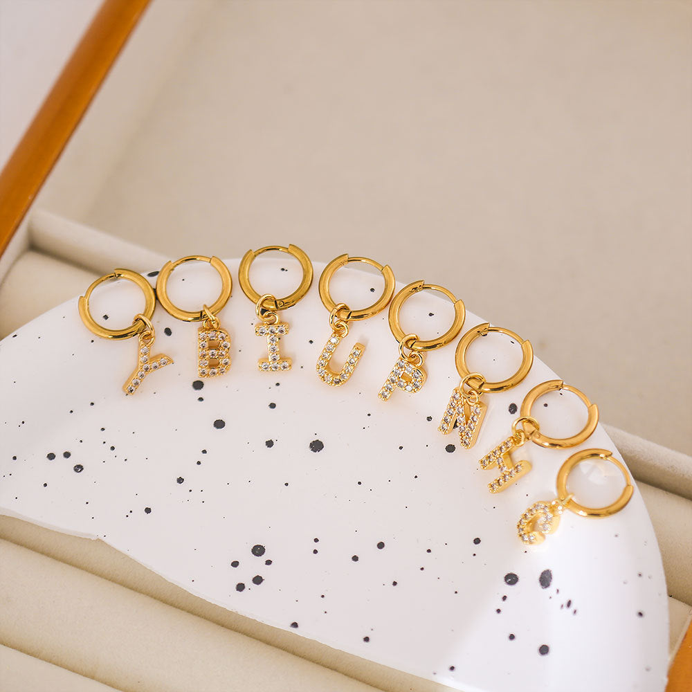 Minimalist Letter-Shaped Stainless Steel Pendant Earrings with 18K Gold Plating and Zircon Inlay