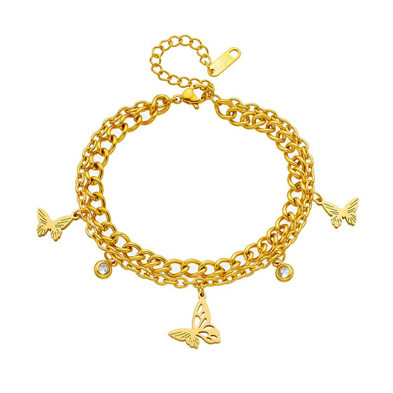 Vintage Fashionable Butterfly-Shaped Titanium Steel Plated Bracelet with Hollow-Out Design and Rhinestone Accents