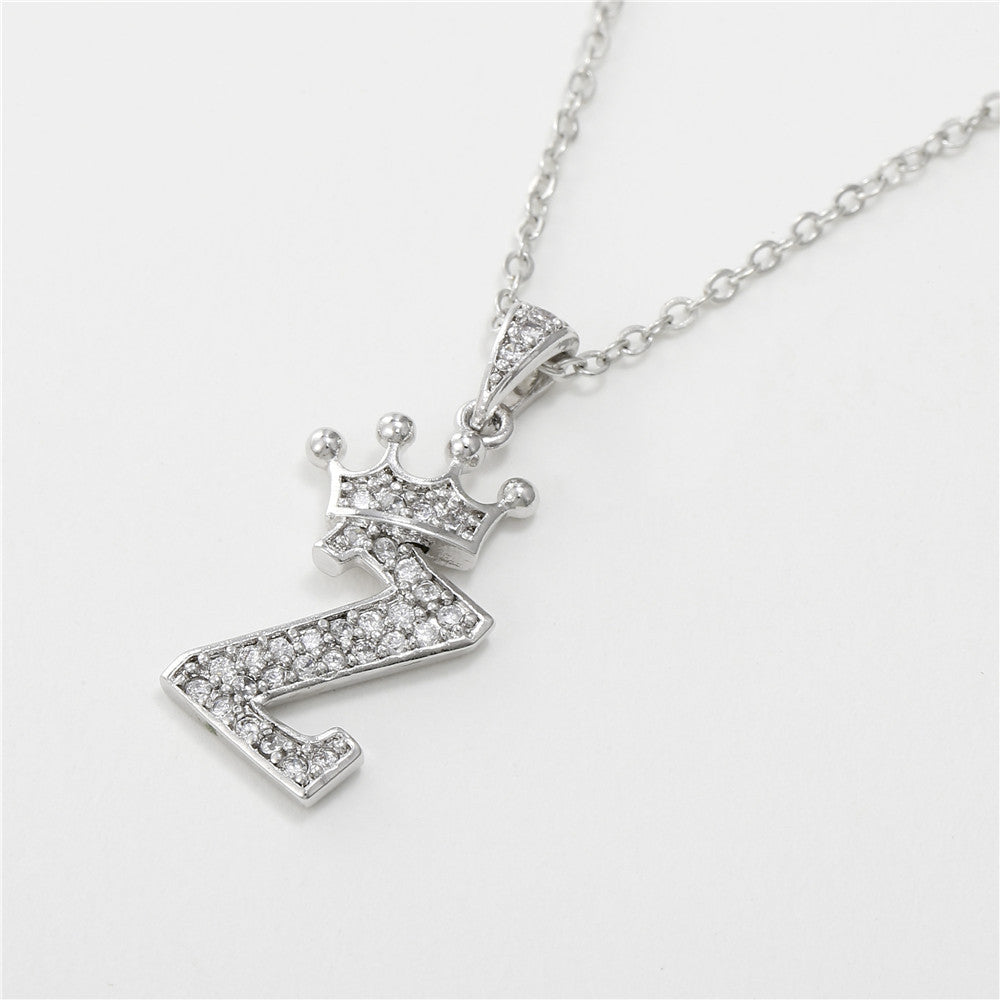 Minimalist White Gold Plated Crown Letter Pendant Necklace with Micro-Pave Cubic Zirconia for Women