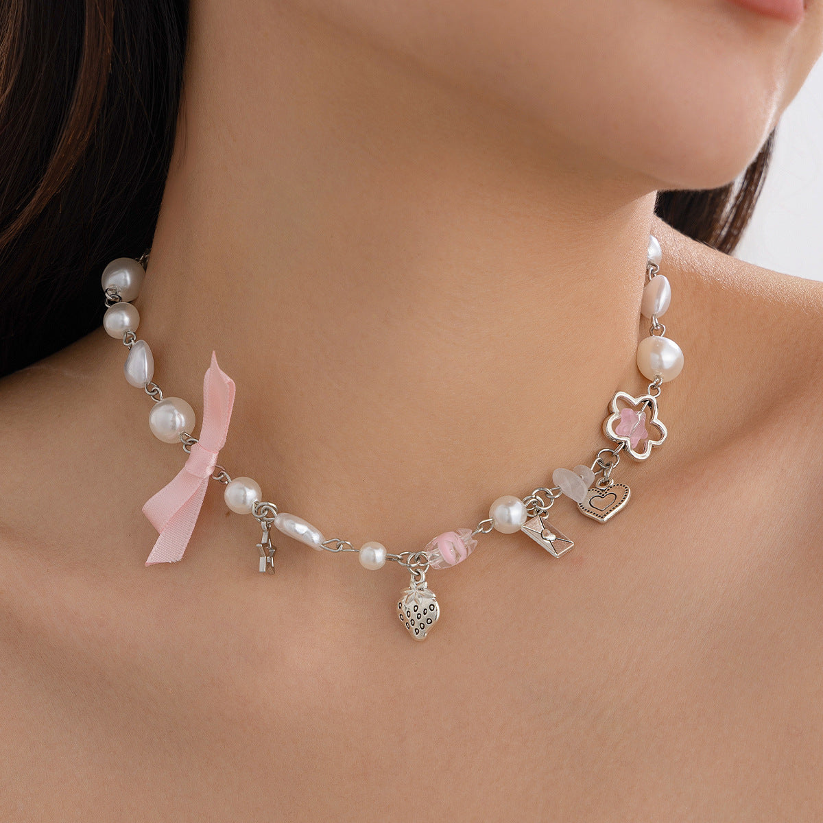 Ins Style Strawberry Pendant Necklace with Pearl-Look Beads, Heart and Star Charms, Tassel Accents, Plated Alloy, Handmade Chain for Women