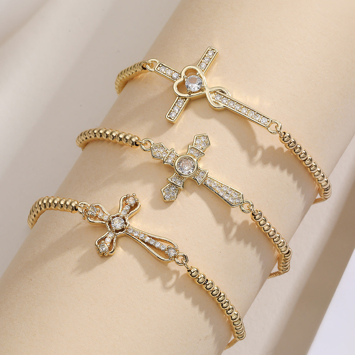 Gold Plated Brass Cross Bracelet with Cubic Zirconia for Women