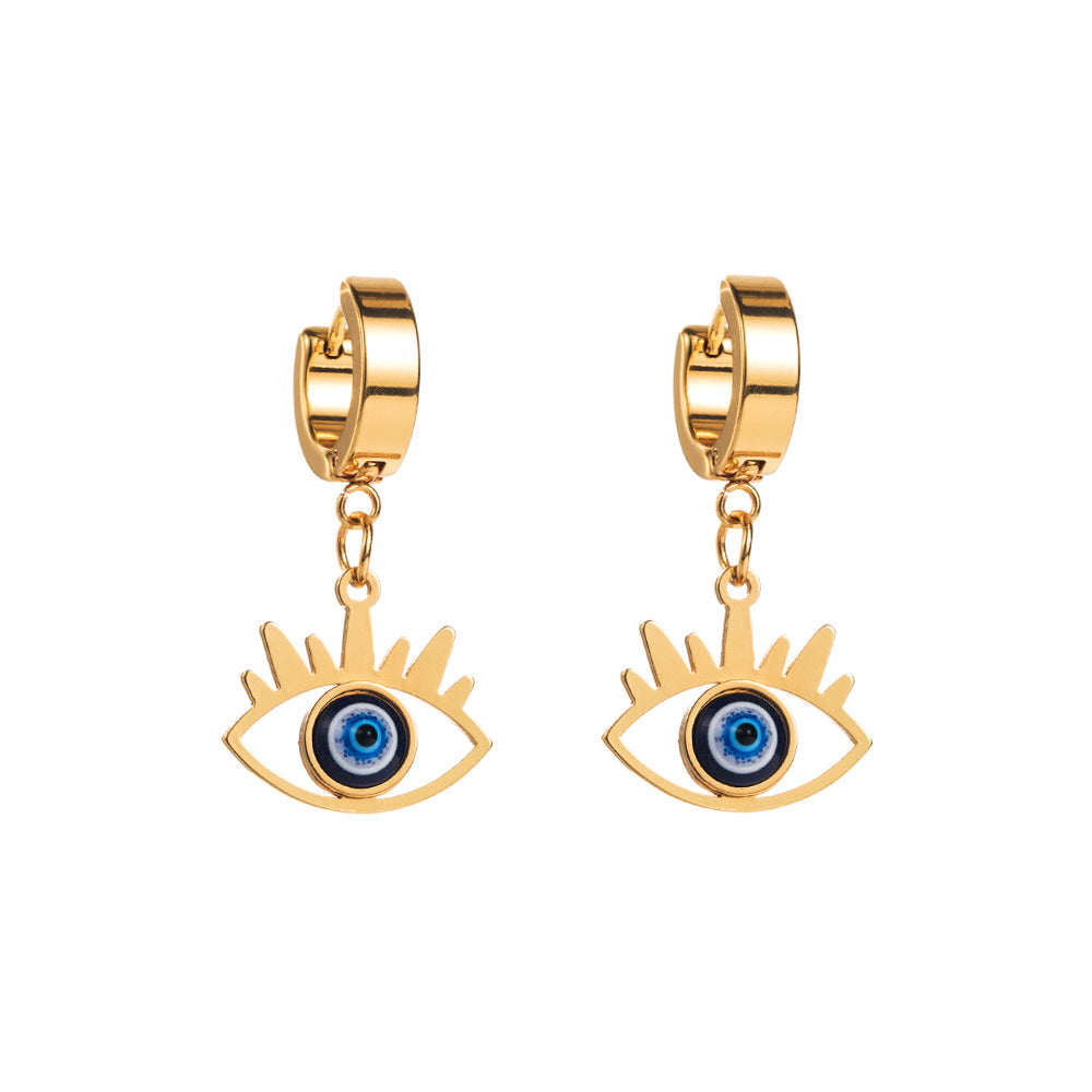 Pendientes de acero inoxidable geométricos dulces y atrevidos con forma de ojo de demonio para mujer con acabado chapado