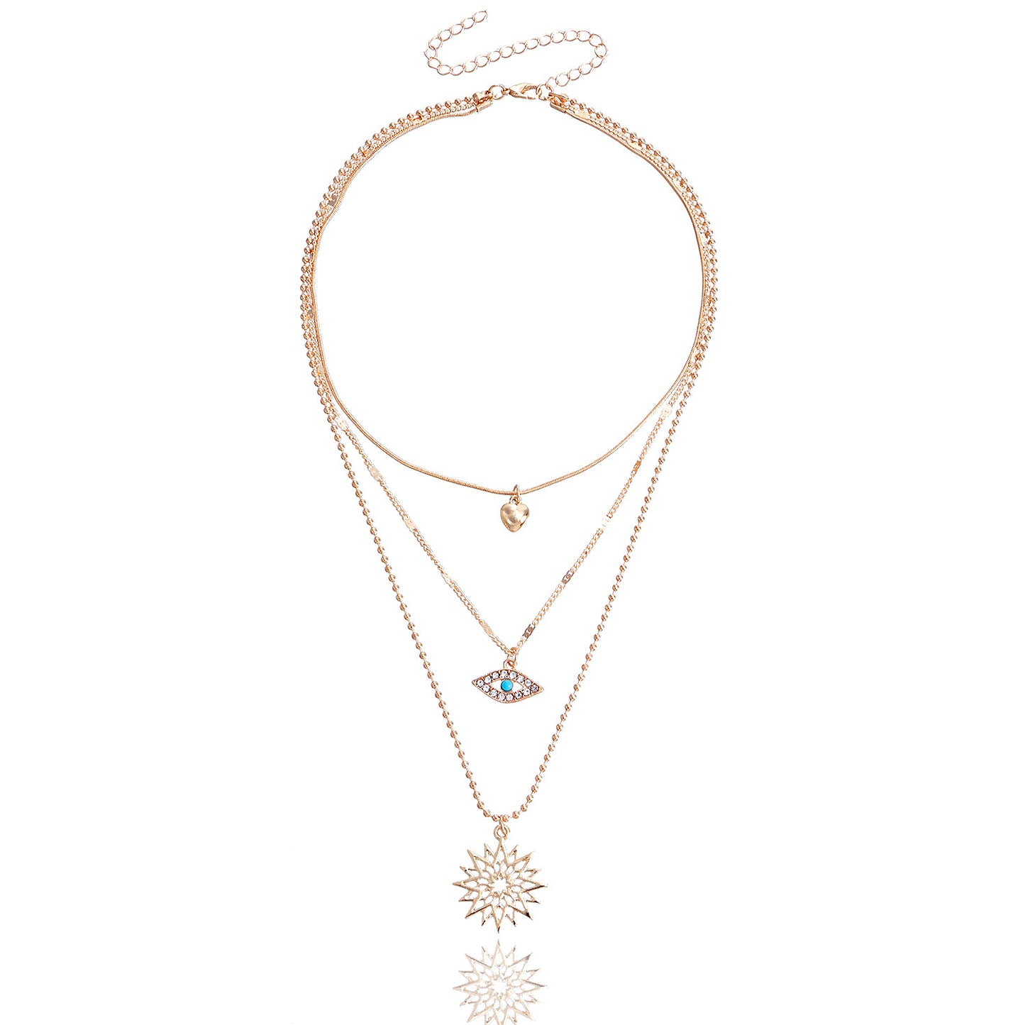 Vintage Minimalist Multi-Layer Beaded Snake Chain Necklace with Rhinestone-Embellished Evil Eye and Heart Pendant for Women
