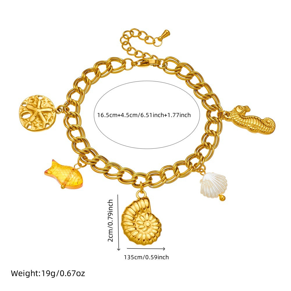 Fashion Ocean Animal Pendant Bracelet with Stainless Steel Chain Starfish Conch Seahorse Goldfish Design for Women