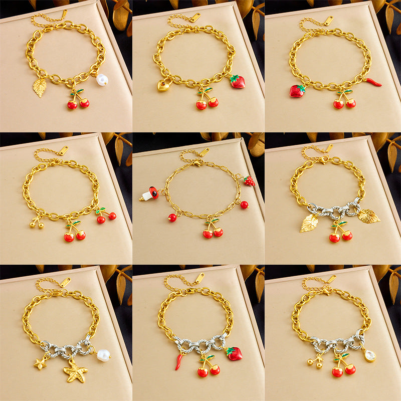 Sweet Gold Plated Stainless Steel Cherry Strawberry Pendant Bracelet