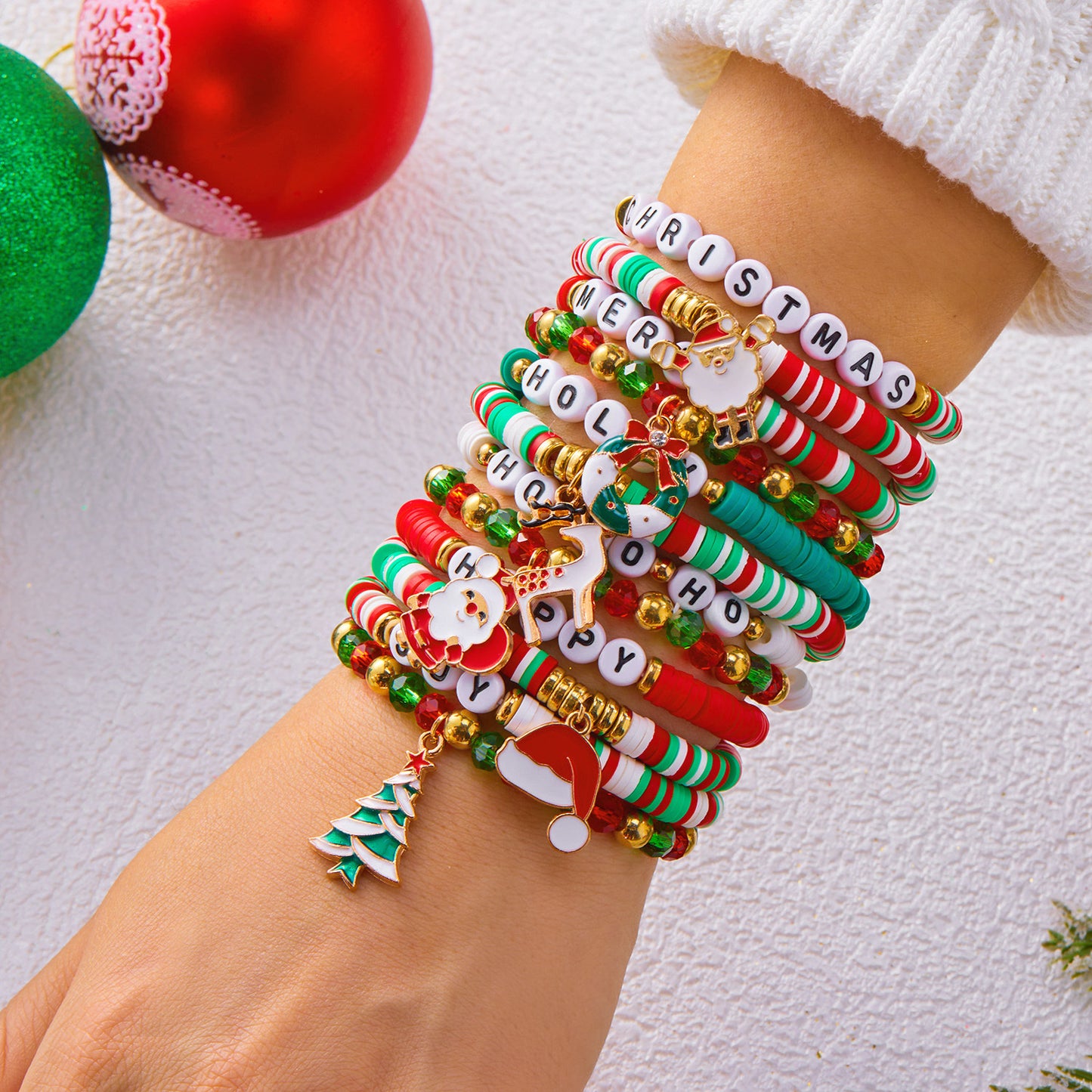 Handmade Polymer Clay Christmas Bracelet Set with Reindeer and Santa Pendant Alloy Chain for Women