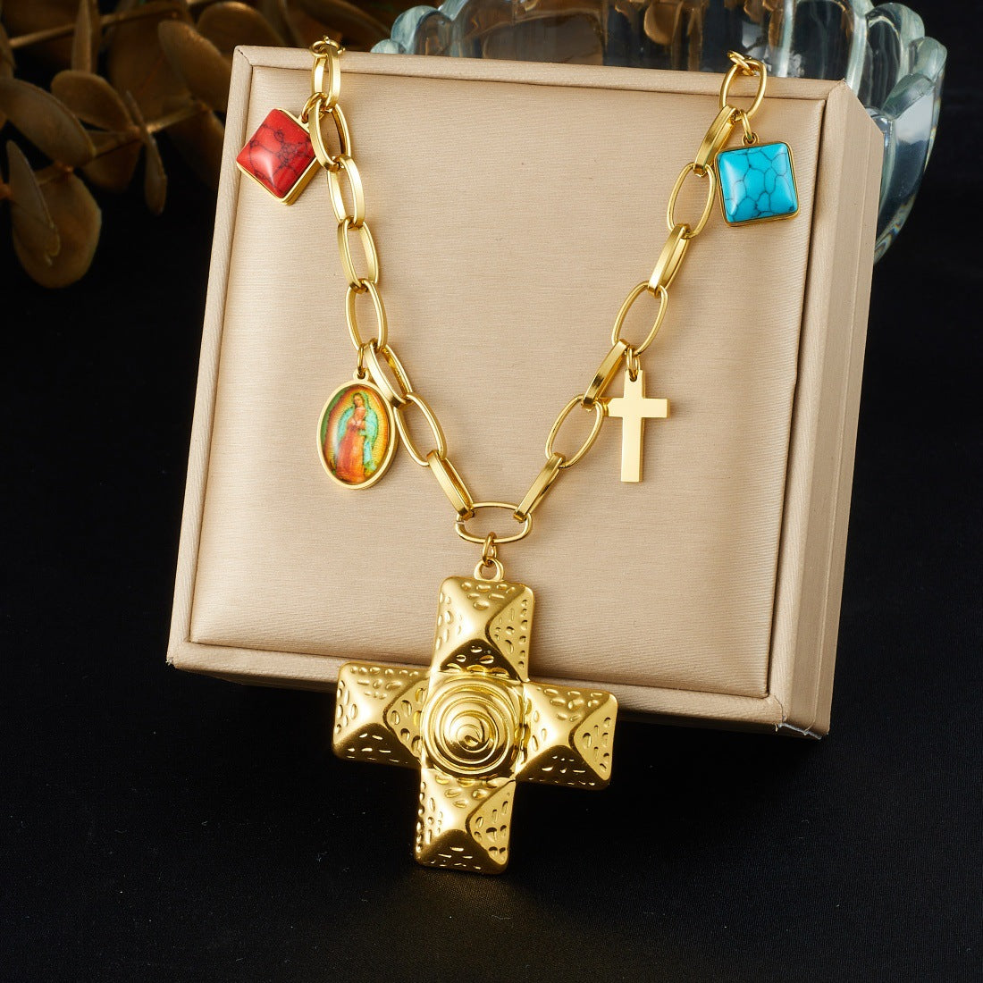 Hip-hop Gold Plated Stainless Steel Cross Geometric Pendant Necklace with Turquoise and Irregular Chain