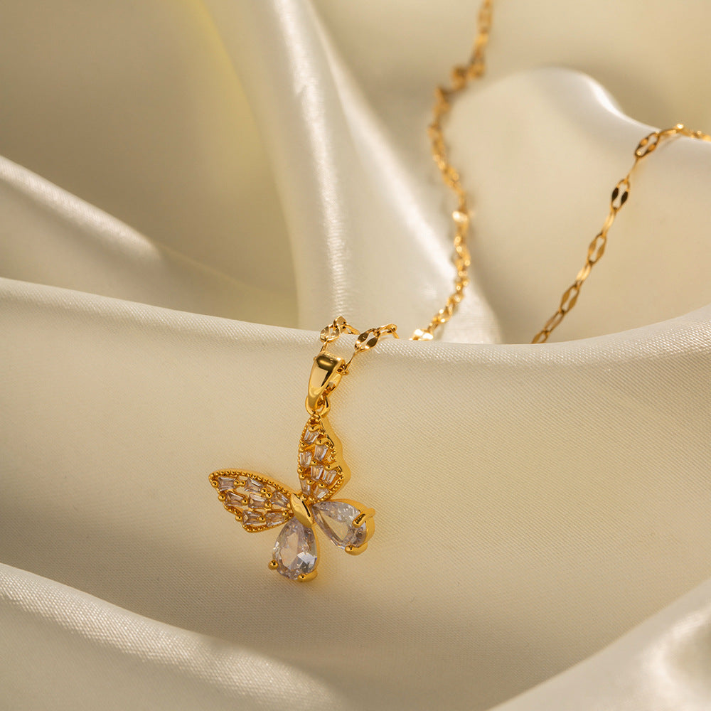 18K Gold Plated Stainless Steel Butterfly Pendant Necklace with White Zircon Geometric Design for Women