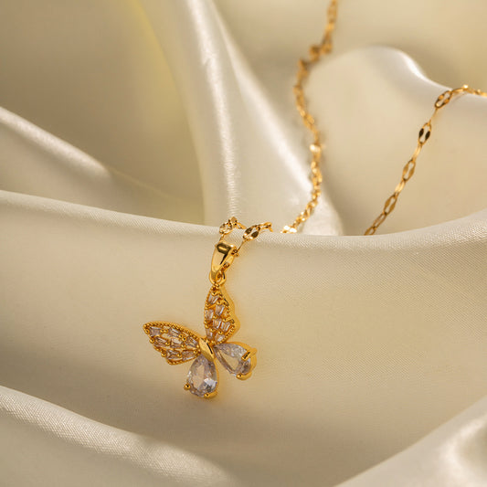 18K Gold Plated Stainless Steel Butterfly Pendant Necklace with White Zircon Geometric Design for Women