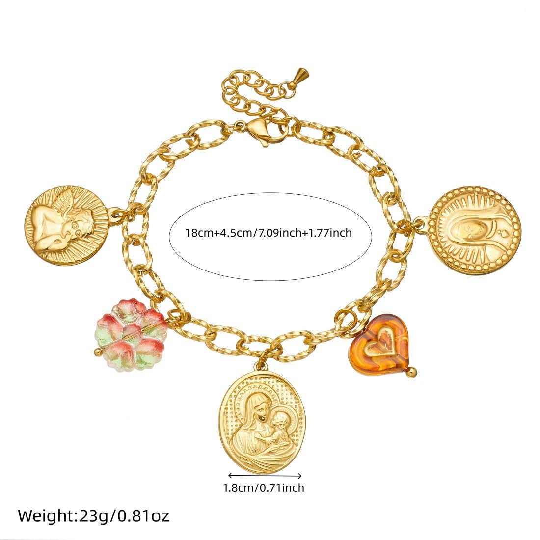 Vintage Luxury Gold Plated Stainless Steel Cross Heart Round Relief Portrait Roman Numeral Pendant Necklace Bracelet Set with Cable Chain for Women
