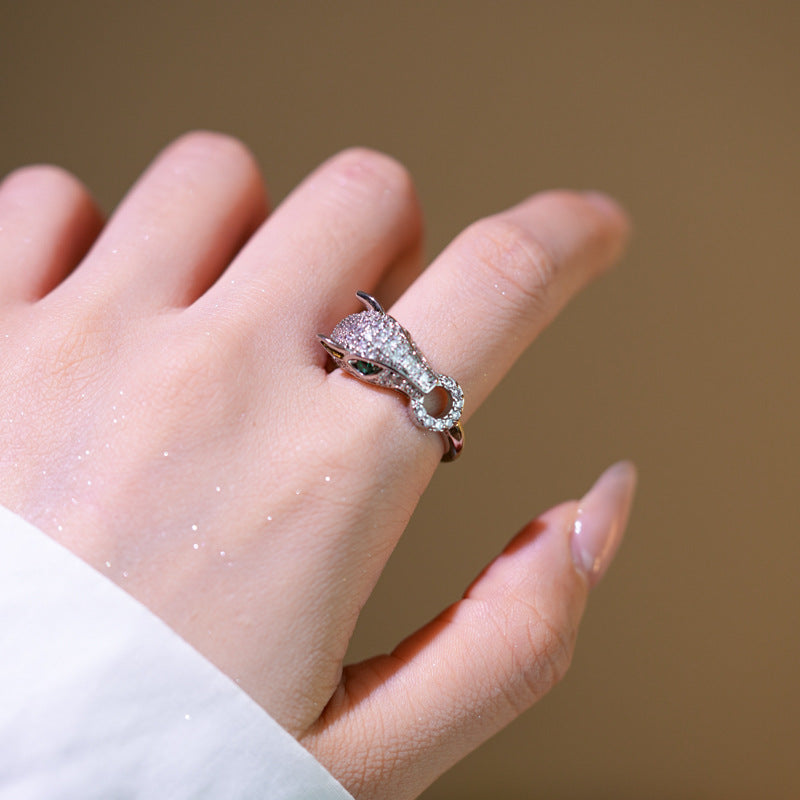 Luxury Hip Hop Leopard Ring for Women in Gold Plated Copper with Zirconia Geometric Animal Design