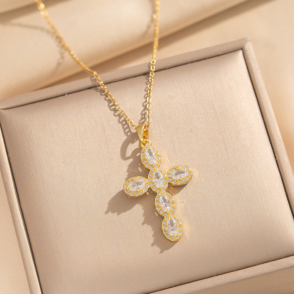 Collana con Pendente a Croce di Lusso da Donna in Acciaio al Titanio con Placcatura in Oro 18K e Zirconi Cubici Colorati su Catena a O