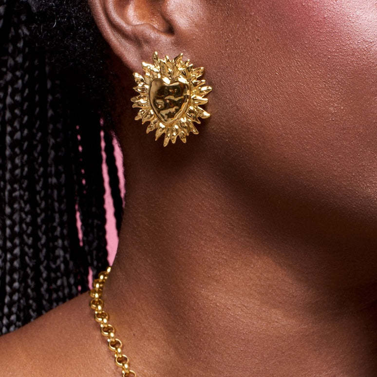 Aretes minimalistas de acero inoxidable con forma de sol y corazón, con baño de oro al vacío PVD, para mujer