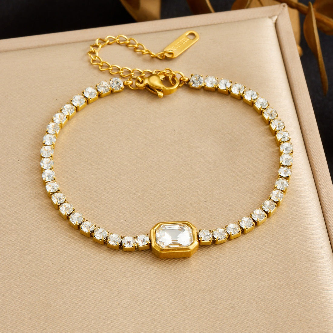 Minimalist Luxury Square Geometric Gold Plated Stainless Steel Bracelet with Cubic Zirconia for Women