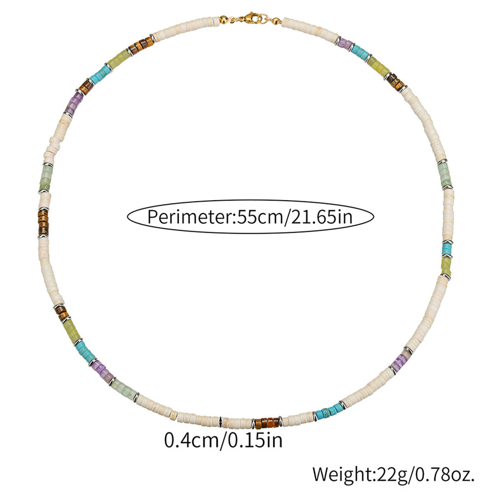 Unique Geometric Colorful Natural Gemstone and Wood Beaded Necklace Stainless Steel Cable Chain for Men and Women