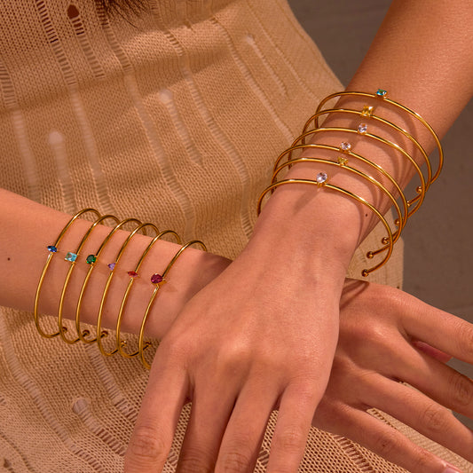Minimalist Geometric Stainless Steel Bracelet with Gold Plating and Colorful Zircon Birthstone Inlay