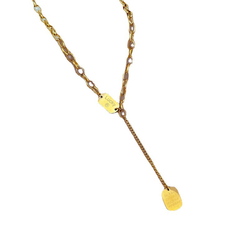 Geometric Pendant Necklace for Women with Titanium Steel Chain and Gold Plating, Minimalist Cold-Tone Choker with Tassel Detail