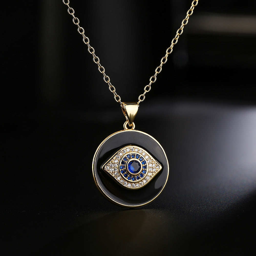 Collana Minimalista Geometrica in Rame Placcato Oro 18K con Ciondolo a Occhio di Allah in Smalto e Intarsio di Zirconi