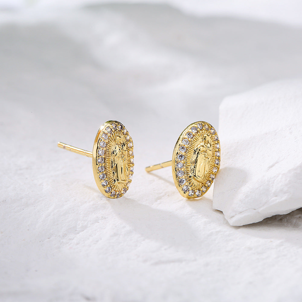 Minimalist Modern Geometric Copper Stud Earrings with Micro-Pave Zirconia for Women