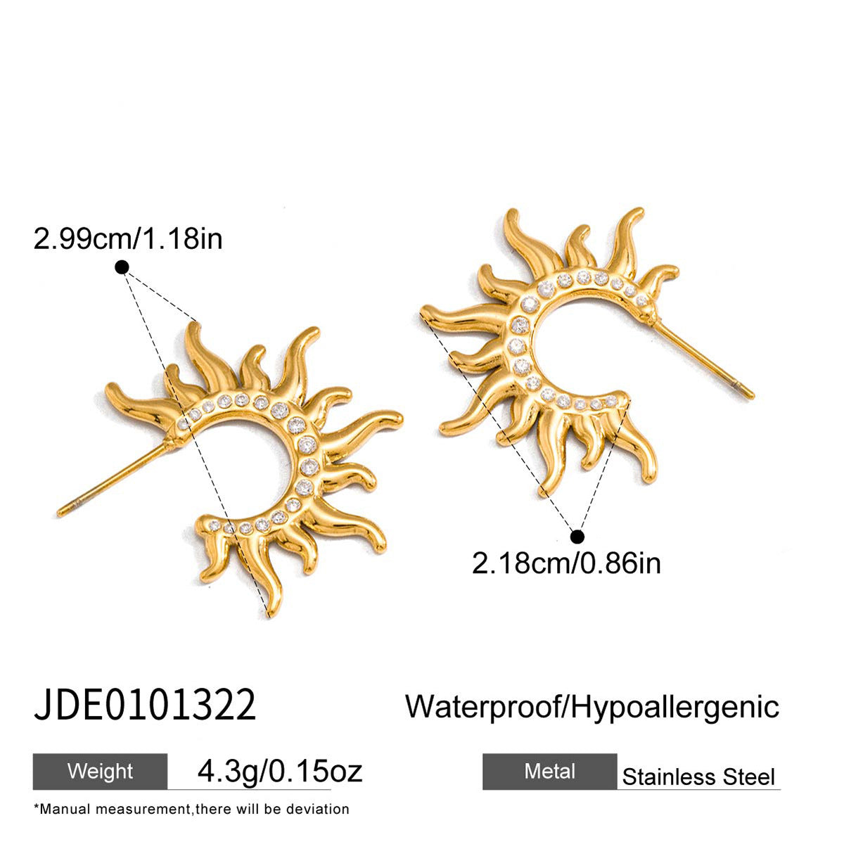 Elegant Geometric Sun Stainless Steel Cubic Zirconia Plated Stud Earrings for Women